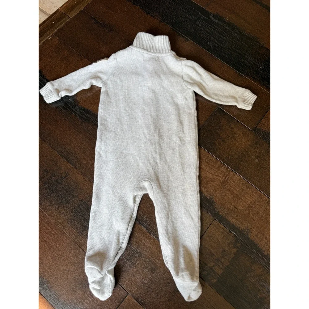 Ralph Lauren Knit Romper baby 9Mos Gray Pima Cotton Footed Coverall RL Crest